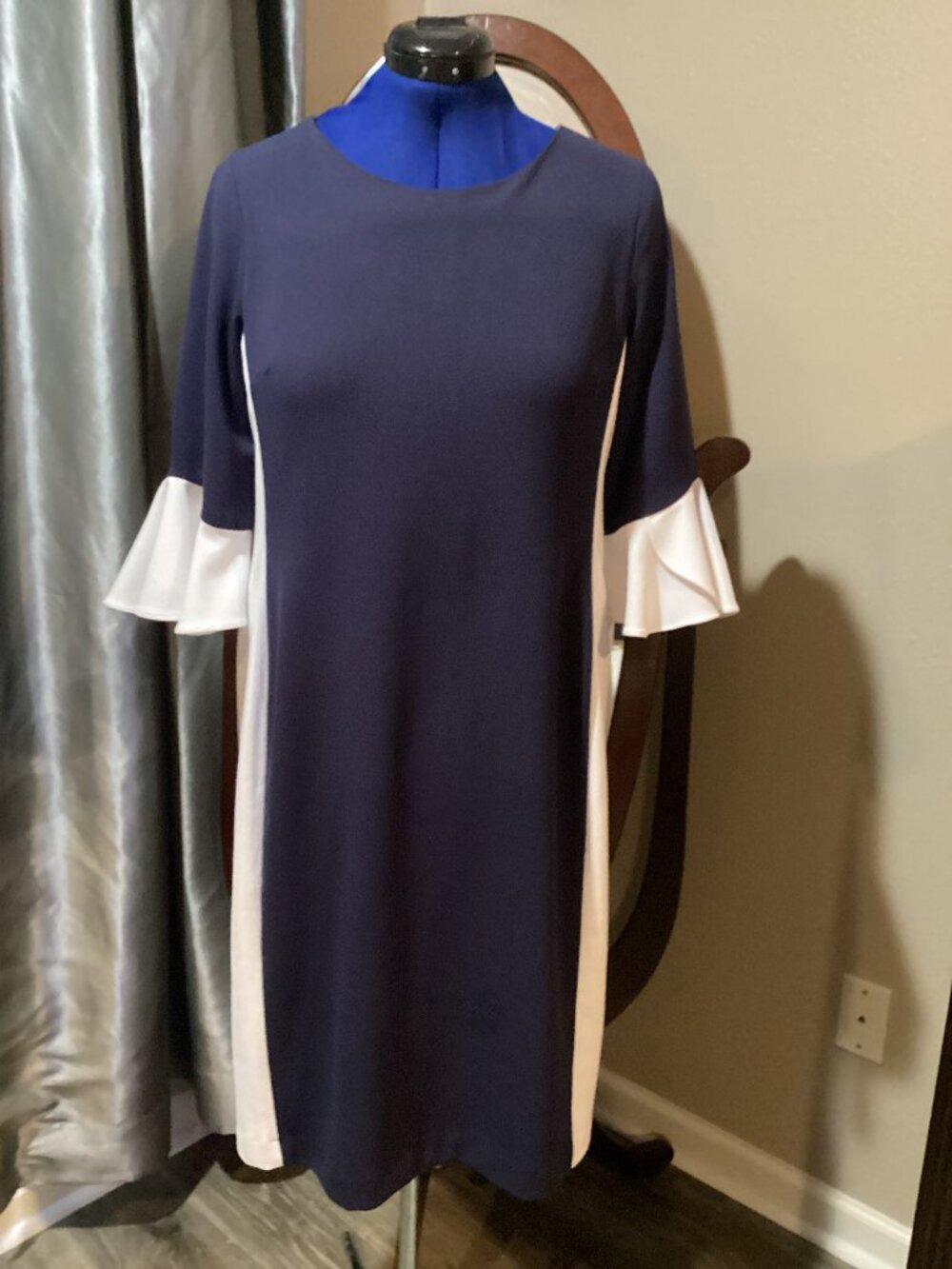 Navy Blue & White Colorblock Shift Dress with Bell Sleeves